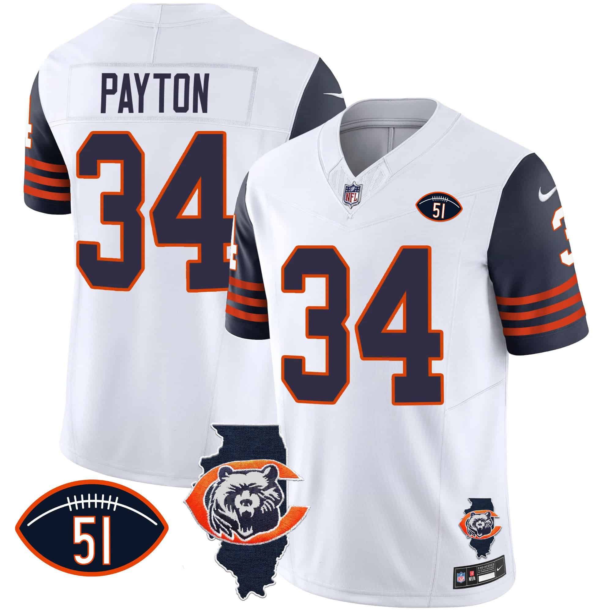 Men Chicago Bears #34 Payton White 2024 Nike Throwback Illinois Patch Vapor NFL Jersey style 1